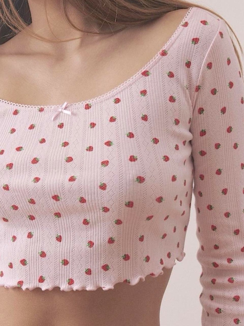 Urban Outfitters Pink Strawberry Print Ribbed Crop Top Small